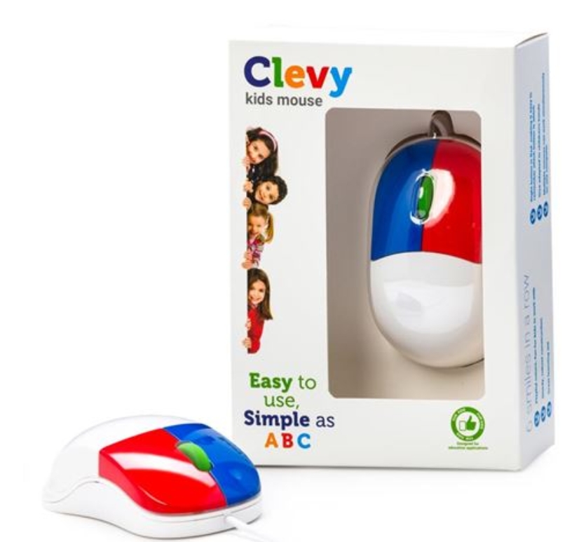 Picture of Clevy Mouse with Red and Blue buttons with Green Scroll Wheel.