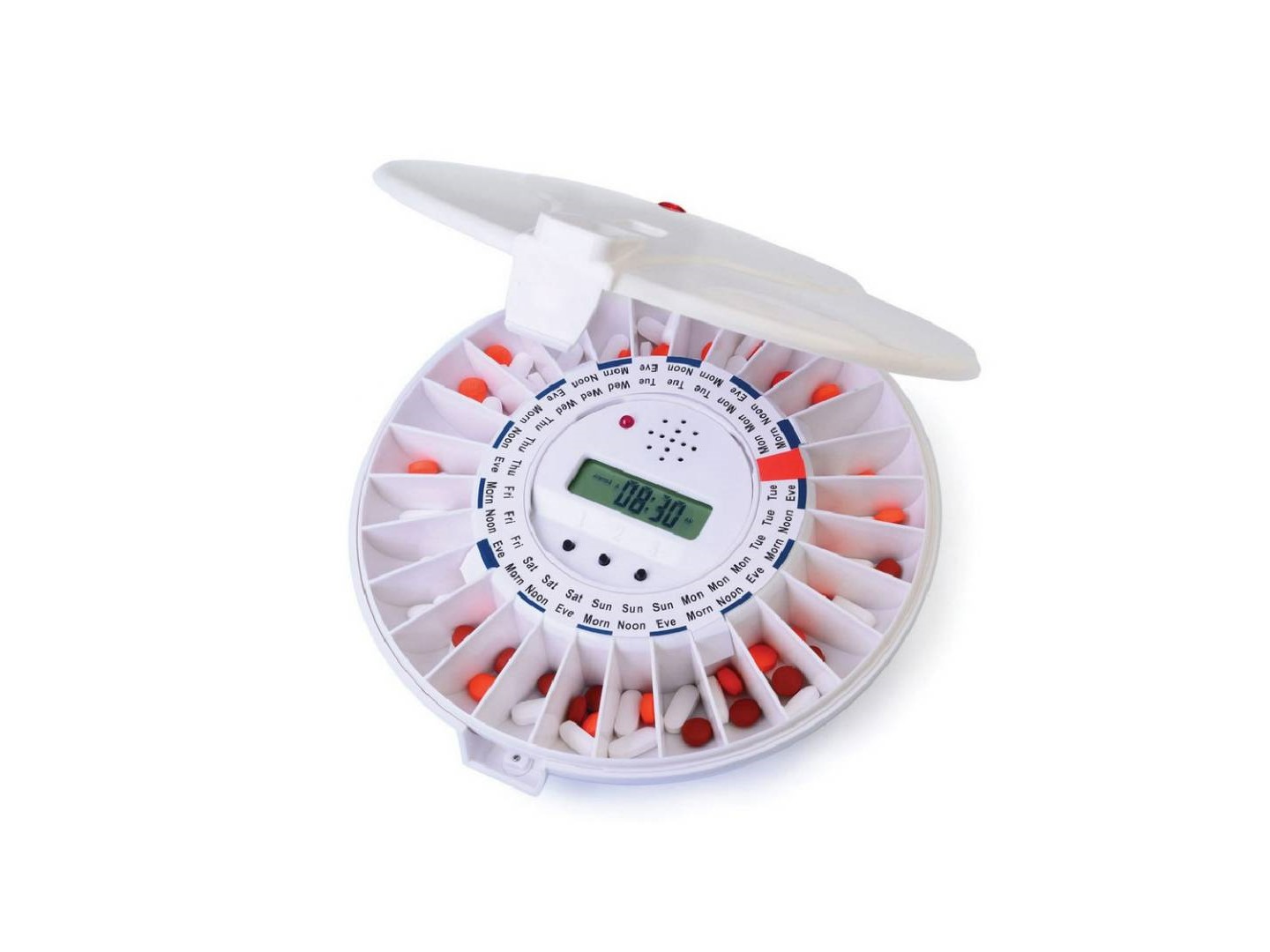 Automatic Pill Dispenser in white with 28 medication compartments.