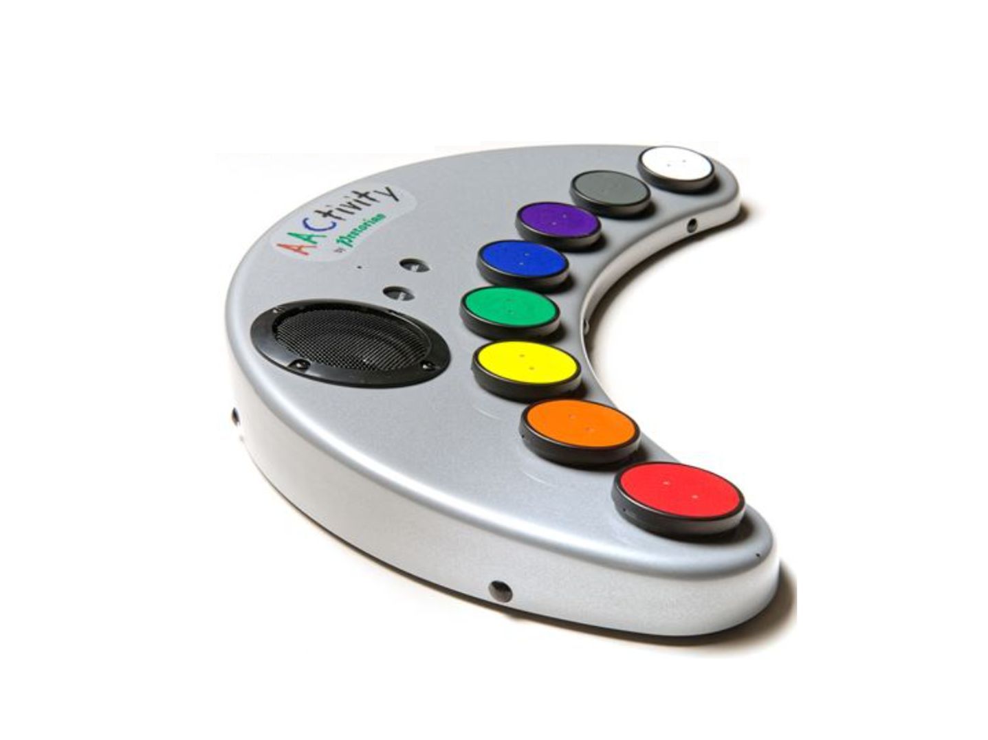 AACtivity Communicator and Musical Instrument, in the shape of a crescent moon, with 8 large buttons in different colours and a built-in speaker on top.
