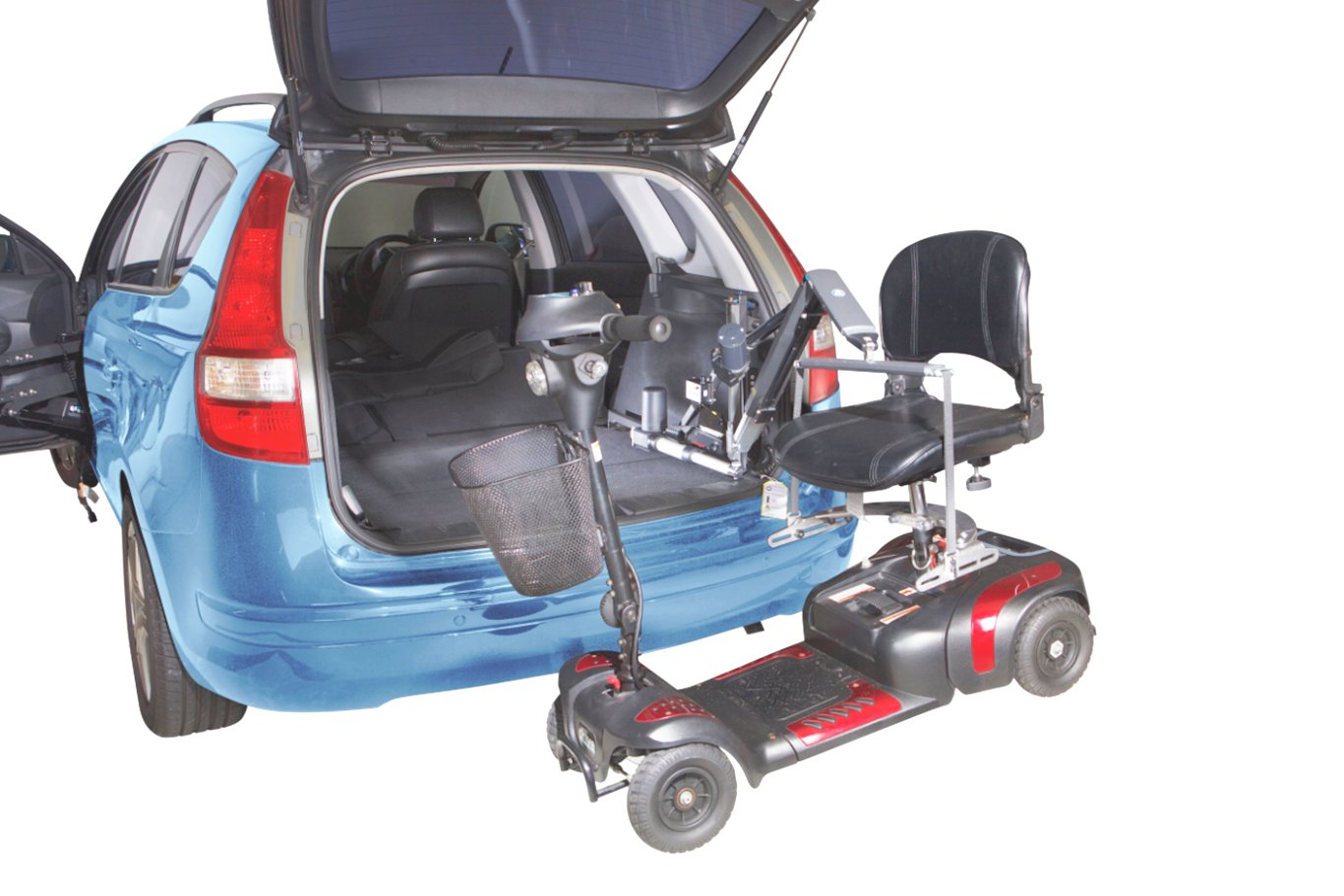 Autochair Smart Lifter at the rear of a car lifting a mobility e-scooter.