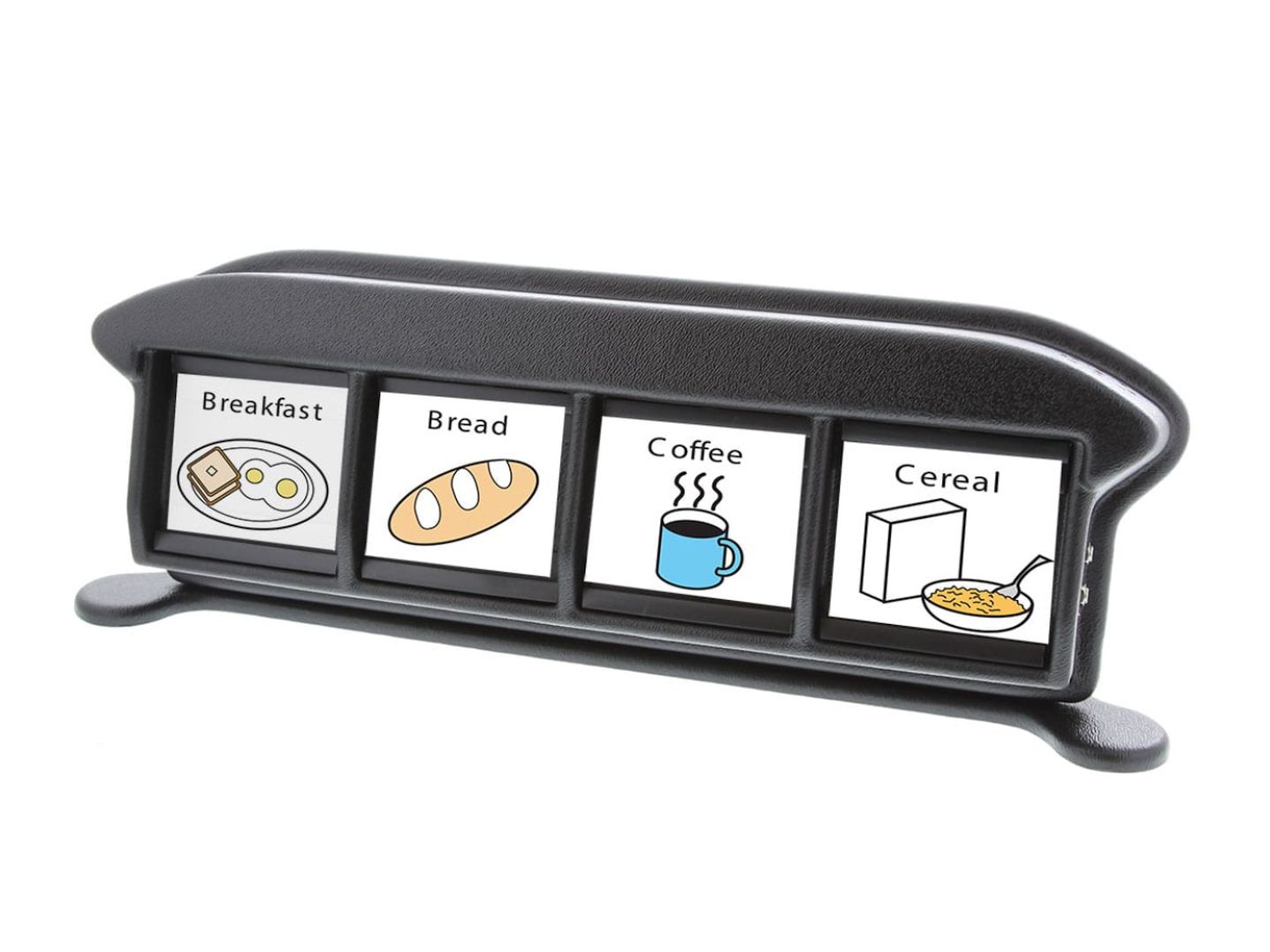 4-Choice Sequential Scanner for the Visually Impaired with base for use on tabletop, attached with 4 pictures cards with illustration of breakfast, bread, coffee and cereal, placed horizontally in their respective 4 fields.