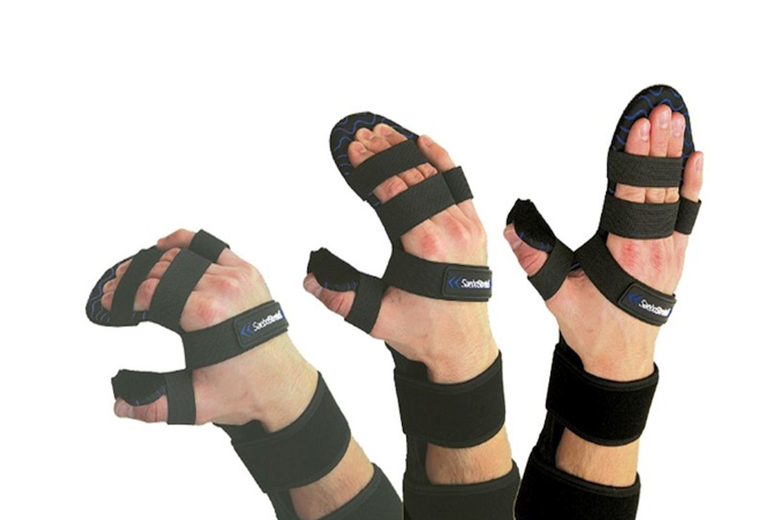 Saebo Stretch Hand Splint as worn on a person's right hand, showing 3 positions of how it allows the fingers to move through flexion and then repositions the fingers into stretched out position.