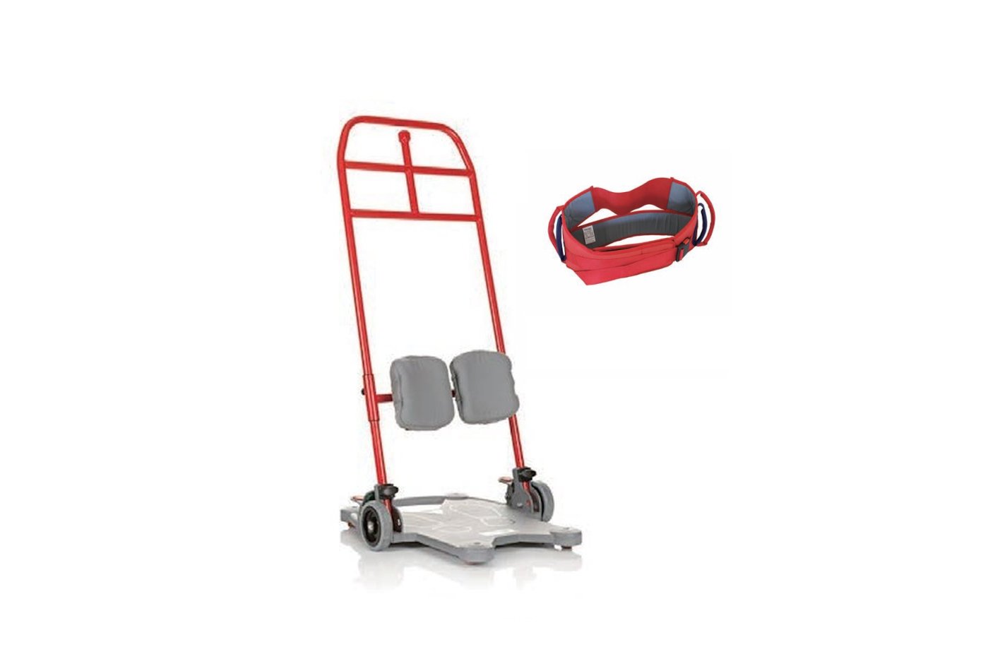 Return Transfer Aid with a base plate in grey, a rising ladder in red, and accessory of a pair of extra paddings for lower-leg support. The ReTurn belt in red is also shown separately beside it.