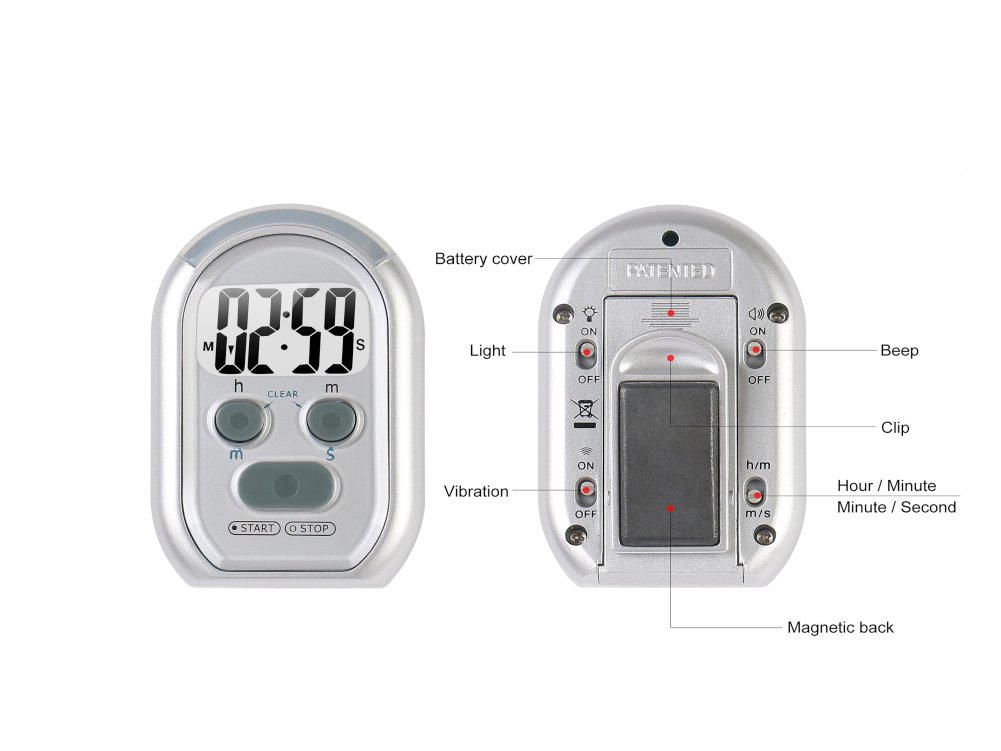 Alerts Timer in silver showing the front and back of the timer. The front shows big digits on LCD display for display of timer and 3 buttons below for settings the timing. The back shows the various button to select the on/off options for vibration, or beep, red flash.